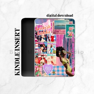 May include: A Kindle insert featuring a collage of Barbie Bazaar magazine covers, a postage stamp, and a graphic of a doll in a yellow swimsuit. The text reads digital download, bookish baddie, Girls Don't Cry, and BARBIE GIRL IN A BARBIE WORLD.