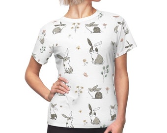 Rabbit Print Women's T-Shirt in White. Bunny Pattern illustration/Drawing. Gift for Rabbit Lovers. All Over Print Ladies Tee