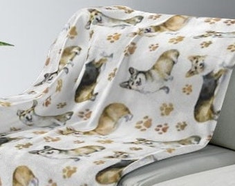 Corgi Dog Velveteen Plush Blanket. 3 Sizes. White or Beige. Dog Lover Gift. Animal and Pets Drawing/illustration