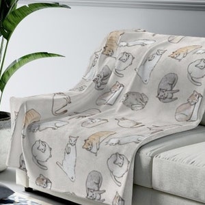 Cat Drawing Velveteen Plush Blanket in White or Gray. 3 Sizes. Cat Lover Gift. Cute Cat illustration