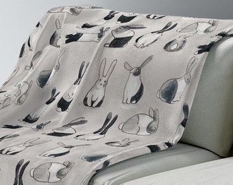 Rabbit Print Velveteen Plush Blanket in White or Gray. 3 Sizes. Bunny Lover Gift. Cute Rabbit Drawing/illustration