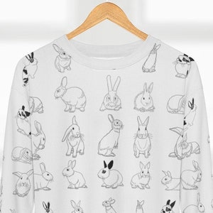 Rabbit Drawing Unisex Fleece Sweatshirt in White.All Over Print.Gift for Bunny Lovers, Cute Kawaii Sweatshirt,Men&#39;s/Women Crewneck Pullover
