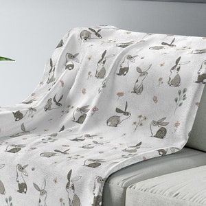 Rabbit Print Velveteen Plush Blanket in White, Light Grey, Dark Grey. 3 Sizes. Bunny Lover Gift. Cute Rabbit Drawing/illustration