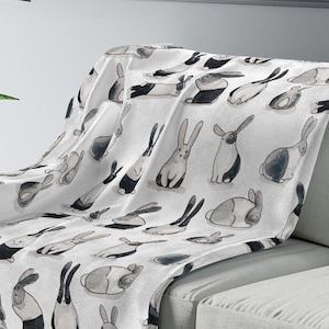 Rabbit Print Velveteen Plush Blanket in White or Gray. 3 Sizes. Bunny Lover Gift. Cute Rabbit Drawing/illustration