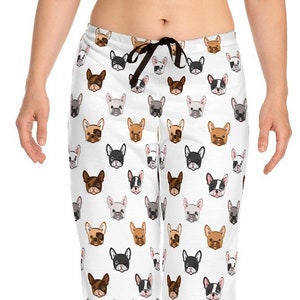 French Bulldog Women's Pajama Pants in White or Pink, Relaxed Fit. All Over Print. Ladies Sleepwear Bottoms. Gift for Dog Lovers