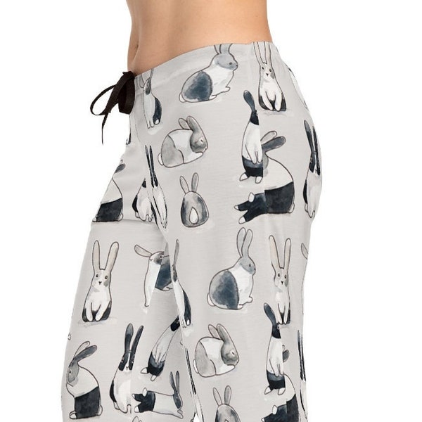 Bunny Rabbit Women's Pajama Pants in White or Grey, Relaxed Fit. All Over Print. Ladies Sleepwear Bottoms. Gift for Rabbit Lovers