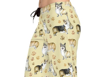 Corgi Women's Pajama Pants in White or Grey, Relaxed Fit. All Over Print. Ladies Sleepwear Bottoms. Gift for Dog Lovers