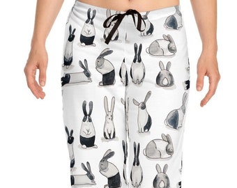 Bunny Rabbit Women's Pajama Pants in White or Grey, Relaxed Fit. All Over Print. Ladies Sleepwear Bottoms. Gift for Rabbit Lovers