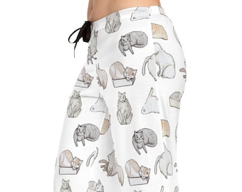 Cat Drawing Women's Pajama Pants in White or Gray, Relaxed Fit. All Over Print. Ladies Sleepwear Bottoms. Gift for Cat Lovers