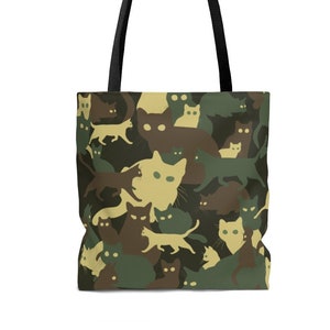 Camouflage Cats Tote Bag in Army Military Pattern. Green Gray. Gift for Cat Lovers.Shopping, Beach, Picnic, Everyday Unisex Tote Bag