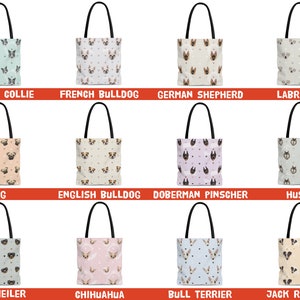May include: Twelve different tote bags featuring a variety of dog breeds. Each bag has a different breed of dog printed on it, including a Border Collie, French Bulldog, German Shepherd, Labrador, Pug, English Bulldog, Doberman Pinscher, Husky, Rottweiler, Chihuahua, Bull Terrier, and Jack Russell.
