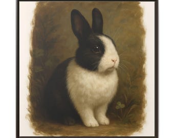 May include: A framed canvas print featuring a black and white rabbit. The rabbit has black ears and markings, with a white face and chest. The background has a soft, muted green and brown color palette, with a few blades of grass and a four-leaf clover.