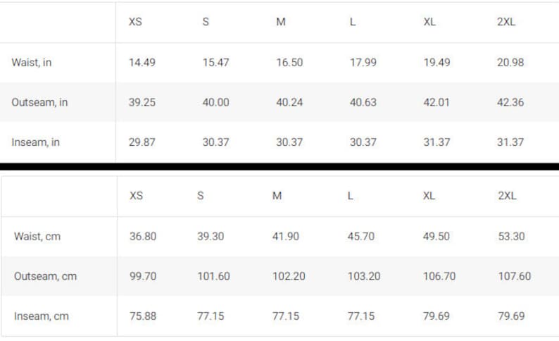 Puede incluir: Tabla de tallas que muestra las medidas de cintura, costura exterior y entrepierna en pulgadas y cent&iacute;metros para las tallas XS, S, M, L, XL y 2XL.