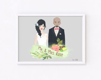 Personalized Wedding Portrait Custom Wedding Illustration Bride and Groom Custom Print Cartoon Wedding Party Wall Art Custom Wedding Gift