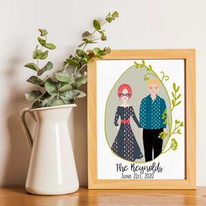 Ilustración de retrato familiar imprimible, dibujo de descarga digital personalizado, pareja de dibujos animados, compromiso Housewarming boda madres día