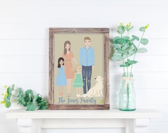 Custom Family Portrait, Personalized Family Gifts, Digital Family Portrait Illustration, Drawing, Cartoon Family Portrait with Pets