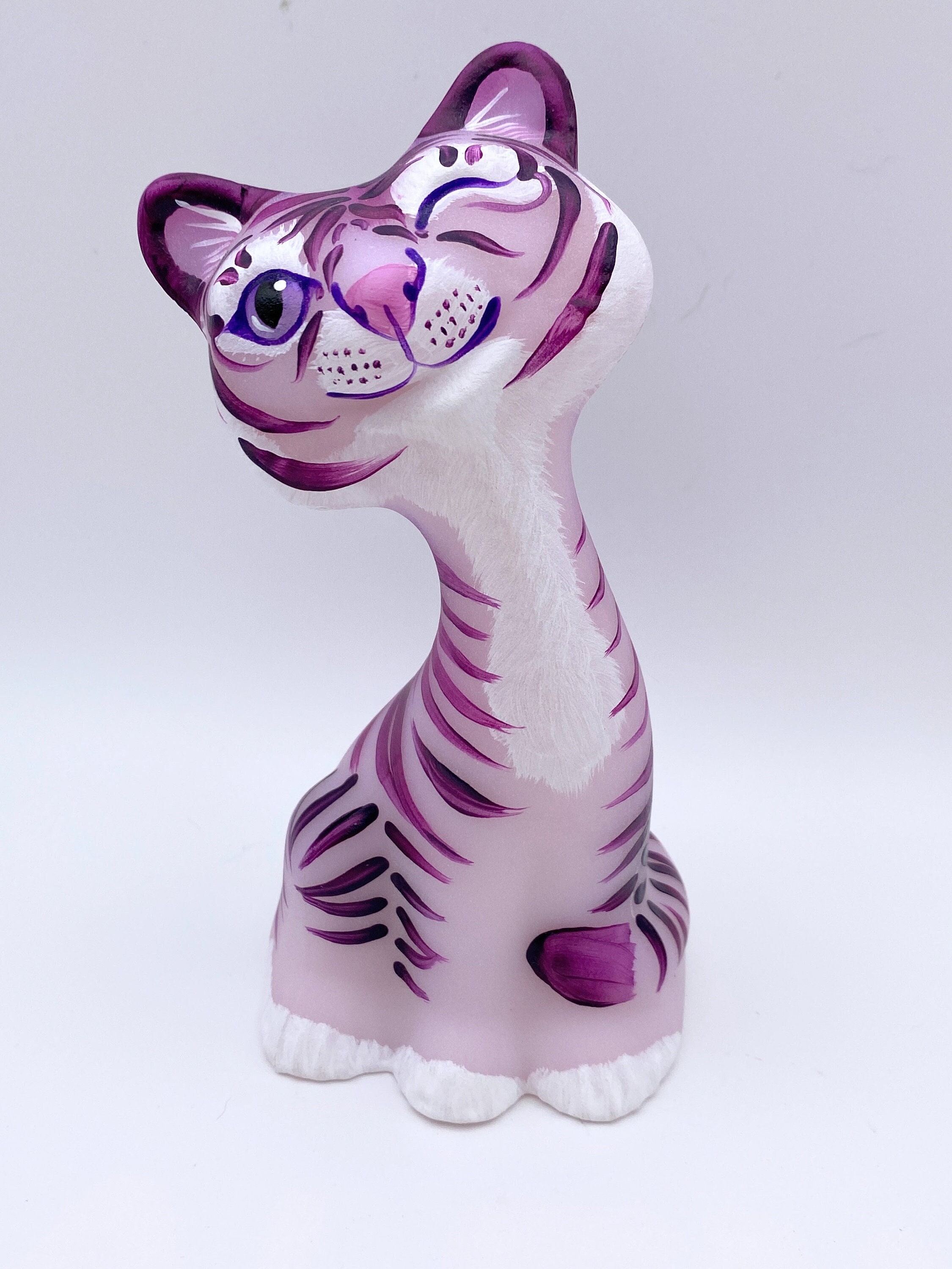 Fenton Rare HP Blue Satin Sitting Cat with Purple and White