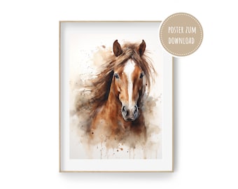 Horses Poster | Watercolor picture brown horse | digital download
