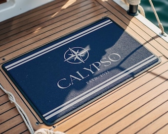 Fußmatte Boot Yacht Schiff | Personalisierter Fußabtreter individuell mit Bootsnamen und Jahreszahl | Kompass | Boot Zubehör personalisiert