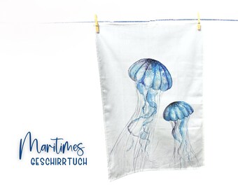 Maritime tea towel | Jellyfish | white blue | Cotton