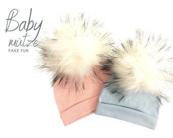 Baby hat | Bobble hat faux fur | pink or blue | bright puschel | Faux fur | First-time hat | Infant | Gift Birth Baptism | Bommel