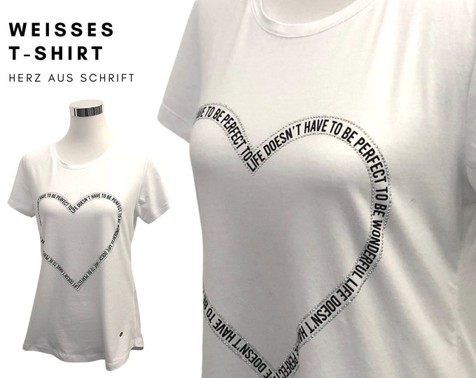 Cute white T-shirt with heart | Font and rhinestone | Statement Shirt | black and white | Mother's Day | Round neck