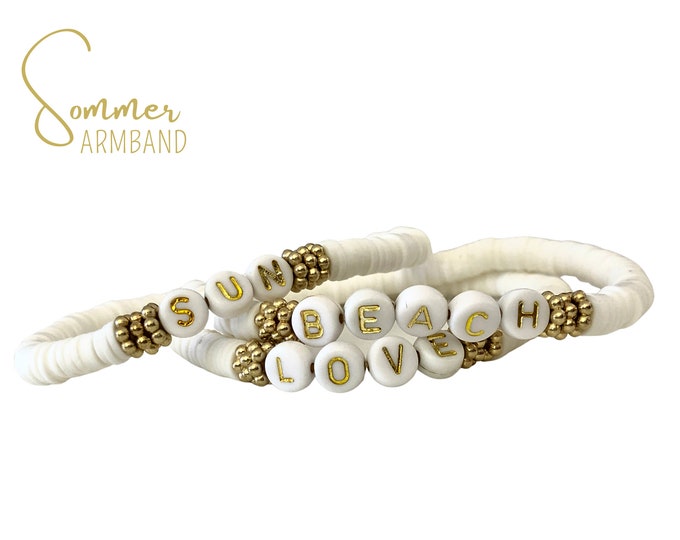 Sun Beach Love | white gold Katsuki bracelets with letter beads | Summer jewelry elastic