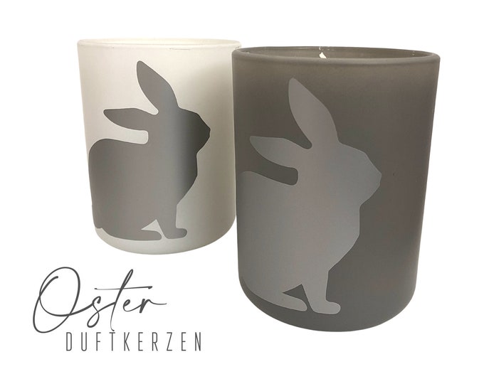 Easter fragrance candles in a glass | Easter Bunny | white and grey rabbit candle | satin glass | silver rabbit silhouette | Rabbit in silver