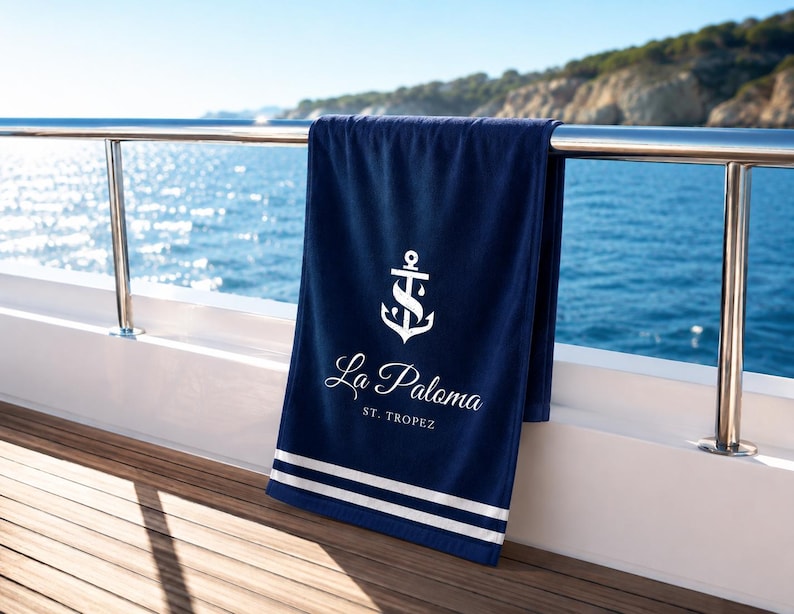 Könnte beinhalten: Ein marineblaues Strandtuch mit weißem Anker-Design und dem Schriftzug "La Paloma St. Tropez". Das Handtuch mit zwei weißen Streifen ist über einem Bootsgeländer drapiert, mit Blick auf das Meer.