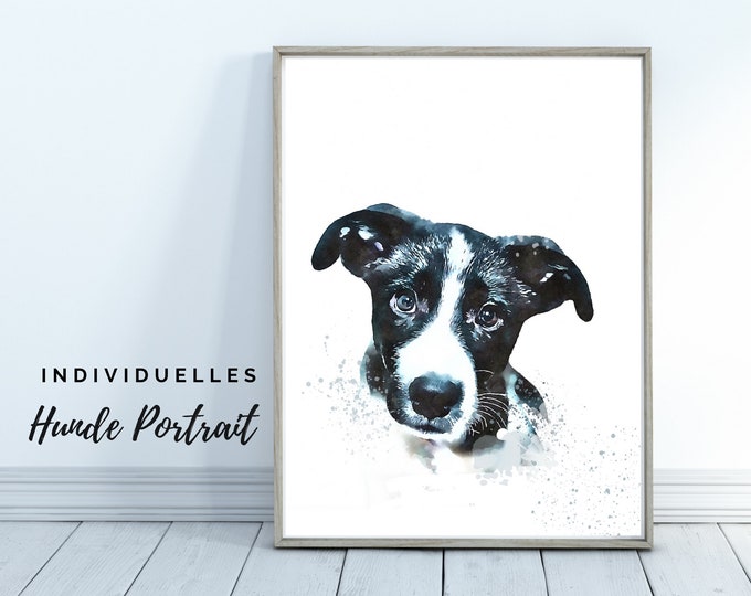 Dog Portrait | Digital print in watercolor style | | user-defined image with frame | Animal portrait after photo | Gift Dog Owner