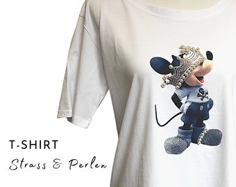 White T-shirt with glitter Mickey | Comic mouse with rhinestones and pearls | Rhinestone application | Rhinestone motif | Statement Shirt