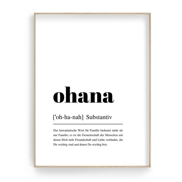 Design Poster | OHANA | Deutsche Definition Wörterbuch | Digital Print | Typo Bild | gerahmter Druck | Duden Lautschrift | Familie Freunde