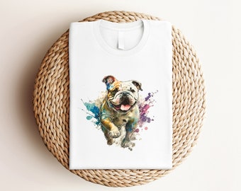 T-Shirt | Bunte Bulldogge mit Glitzer | Strass | weiß