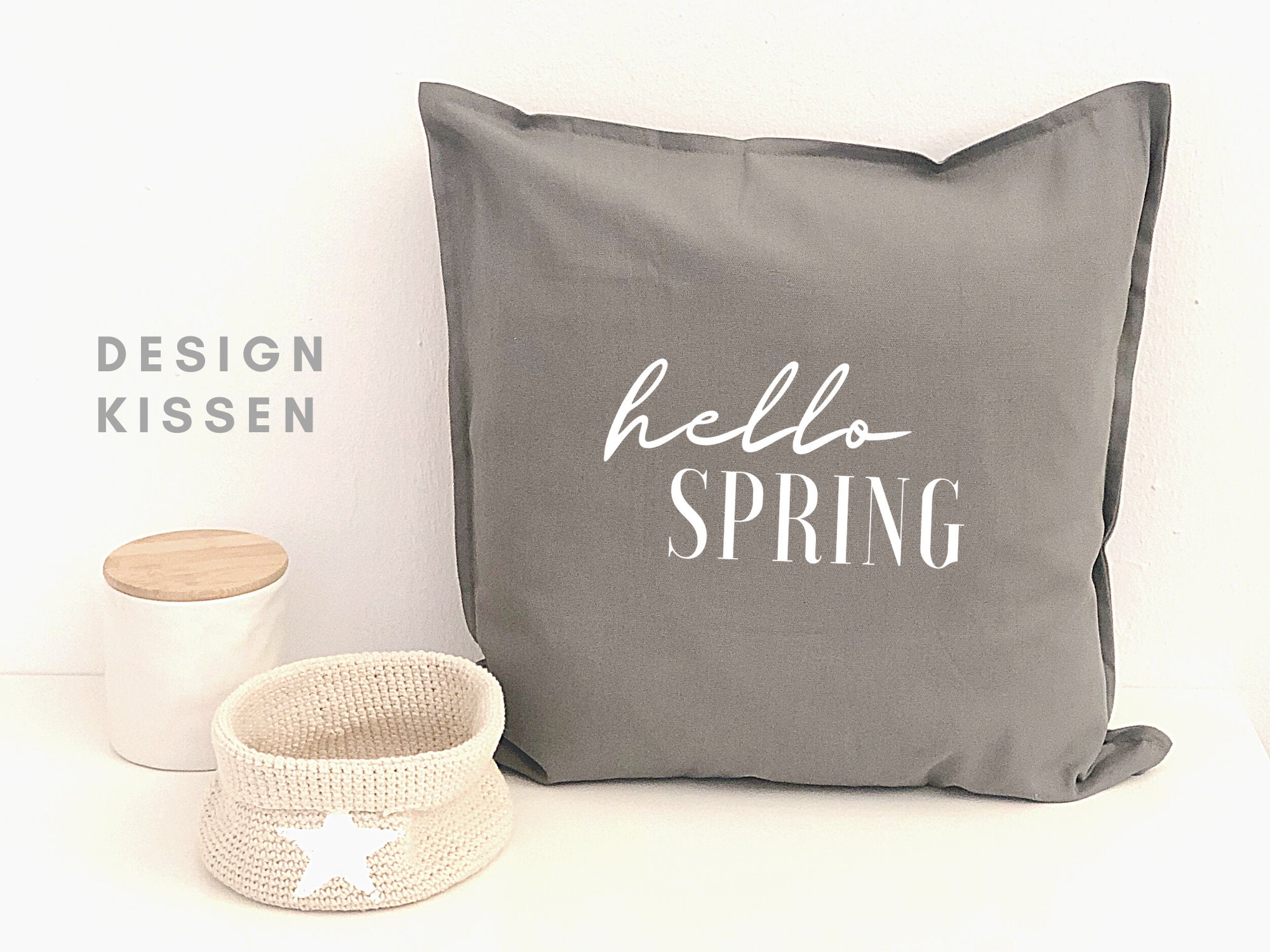 Design Pillow Hello Spring Pillow Cover Font Motif Spring Ironing Image Skandi Scandi Hygge Boho Decoration Black And White Monochrome