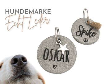 Silver dog tag | Dog trailer | Dog jewelry made of leather | Name tags | personalized ID brand | Leather Tag Engraved Laser Font