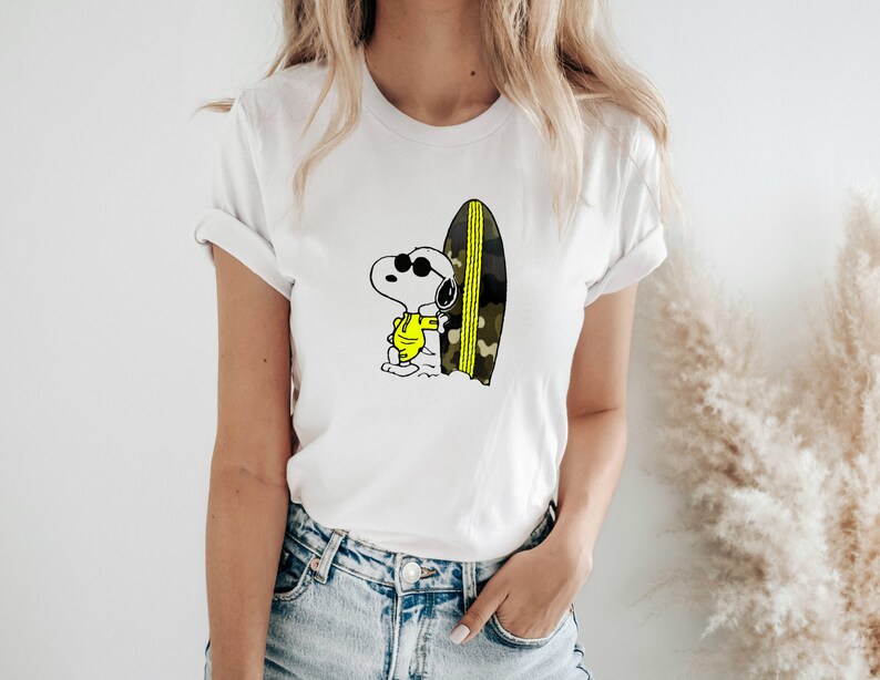 T-Shirt weiß Snoopy neon gelber Surfer Bild 2
