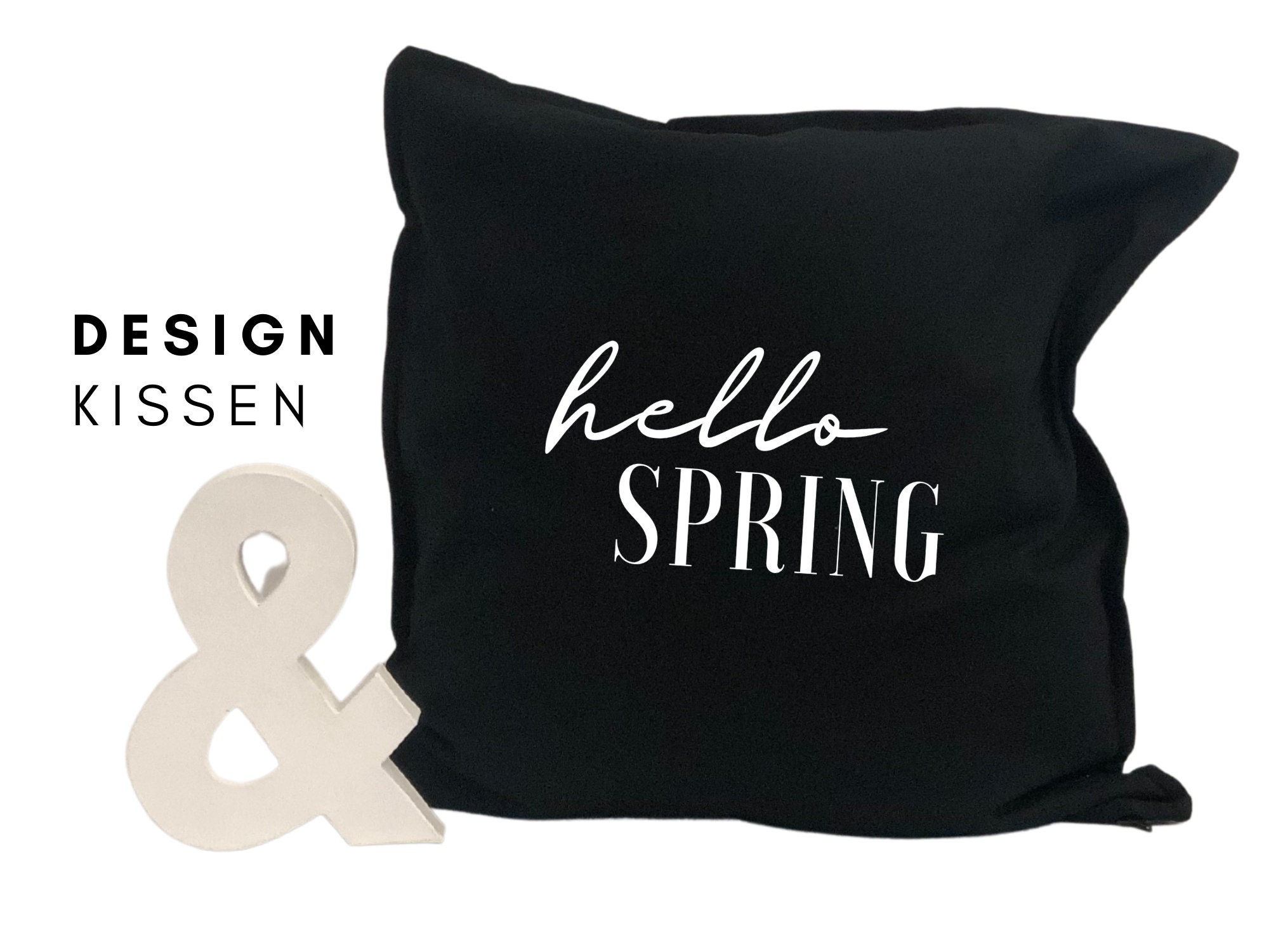 Design Pillow Hello Spring Pillow Cover Font Motif Spring Ironing Image Skandi Scandi Hygge Boho Decoration Black And White Monochrome
