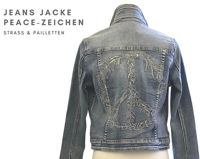 Denim jacket with peace sign on the back | silver sequins | Glitter | Hippie | Boho | washed-out short jacket | Gr. L