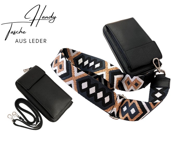 Black mobile phone wallet | | Wallet Genuine leather | Shoulder bag | | phone case Strap with ethnic pattern black white rose gold