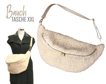 Beige Teddy fanny pack | large Cross Body Bag XXL | with genuine leather | Hip Bag | Waist bag huge