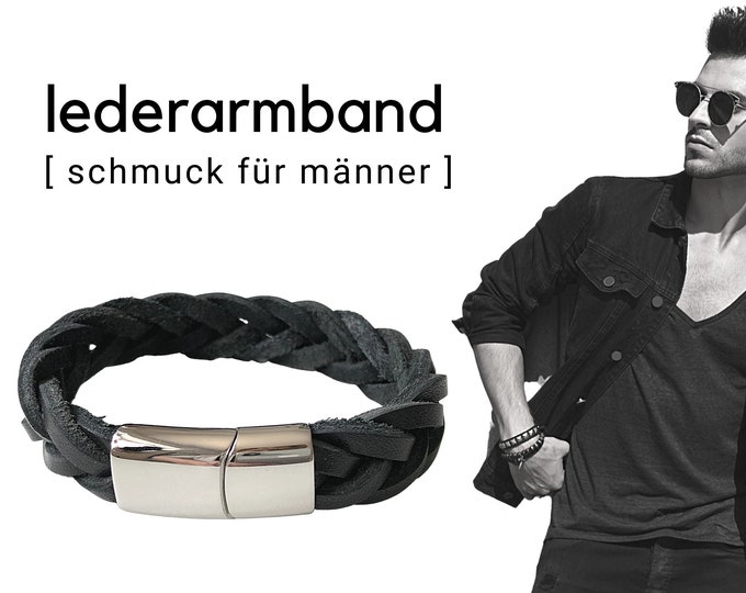 Black braided leather strap for men | Stainless steel closure | Men's bracelet | Gift Father's Day