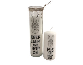 Oster Kerze im Glas | schlankes Glas | Keep calm and hop on | Kerzen mit Botschaft | Skandi Deko | Geschenkidee Ostern Hase Origami