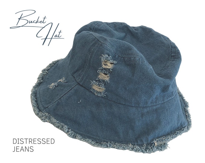 Jeans Bucket Hat | Fishing hat made of distressed ripped jeans | blue fisherman's hat | Bucket hat | Fringe edge