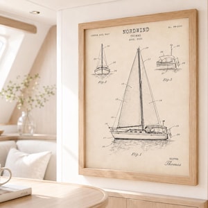 Könnte beinhalten: Gerahmter Druck einer Segelboot-Patentillustration. Der Druck zeigt detaillierte Strichzeichnungen eines Segelbootes mit der Bezeichnung "Nordwind" und "Thomas". Das Kunstwerk befindet sich in einem Holzrahmen und hängt an einer weißen Wand.