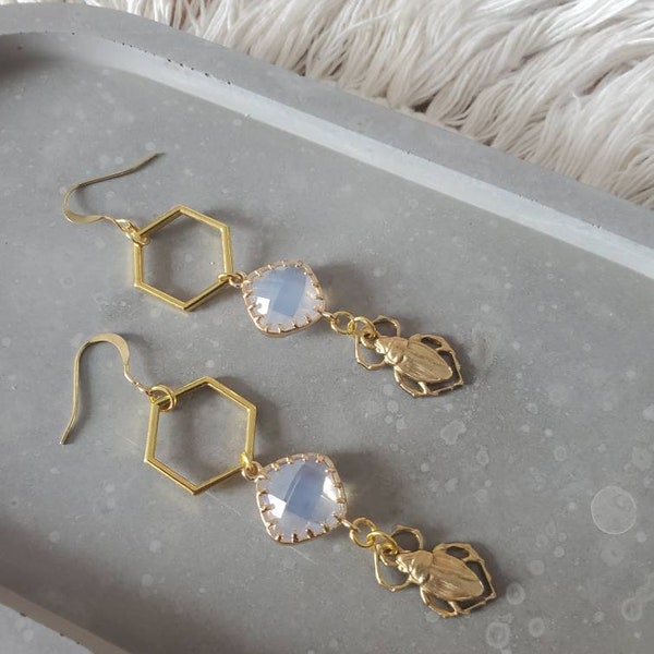 Geometric Opalite and Beetle earrings.Raw Brass (nickel free)