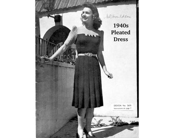 1940s Pleated Dress Knitting Pattern PDF Bust 36" 4 ply