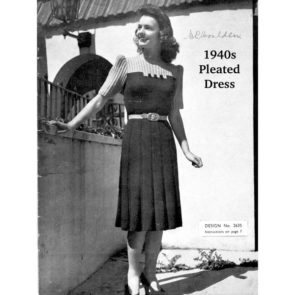 1940s Pleated Dress Knitting Pattern PDF Bust 36" 4 ply