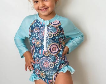 Dreamtime Indigenous Print Kids Swimmers | SPF30 Long Sleeve | Sizes 0–6 | Lexi June Rashie Suit