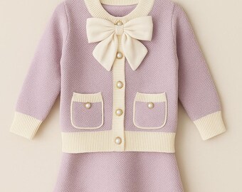 Lilac + Cream Girls Set - Soft Knit Cardigan & Skirt | Sizes 0-6 | Elegant Toddler Outfit | Cream Bow Detail | Lexi June Kids