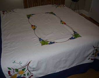 Vintage hand made needle point linen tablecloth, beautiful fruits. 65" L X 49" W